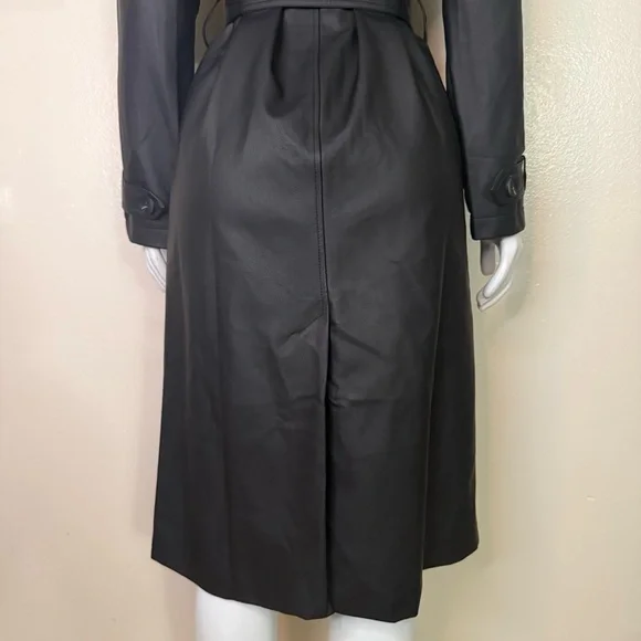 Black PU leather belted single breasted long trench coat - Picture 8 of 13